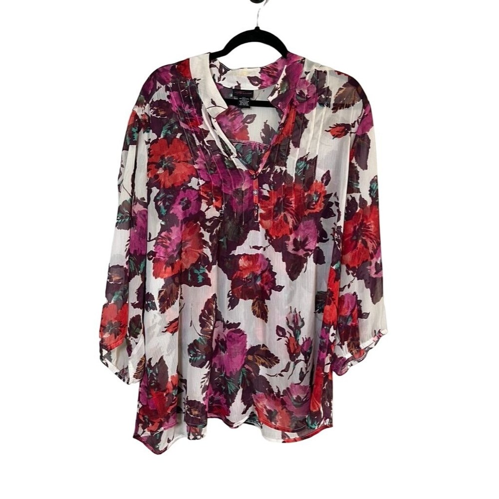 Torrid Top Women 3X Pink Pullover Floral Sheer Mature Preppy Boho Western Flowy