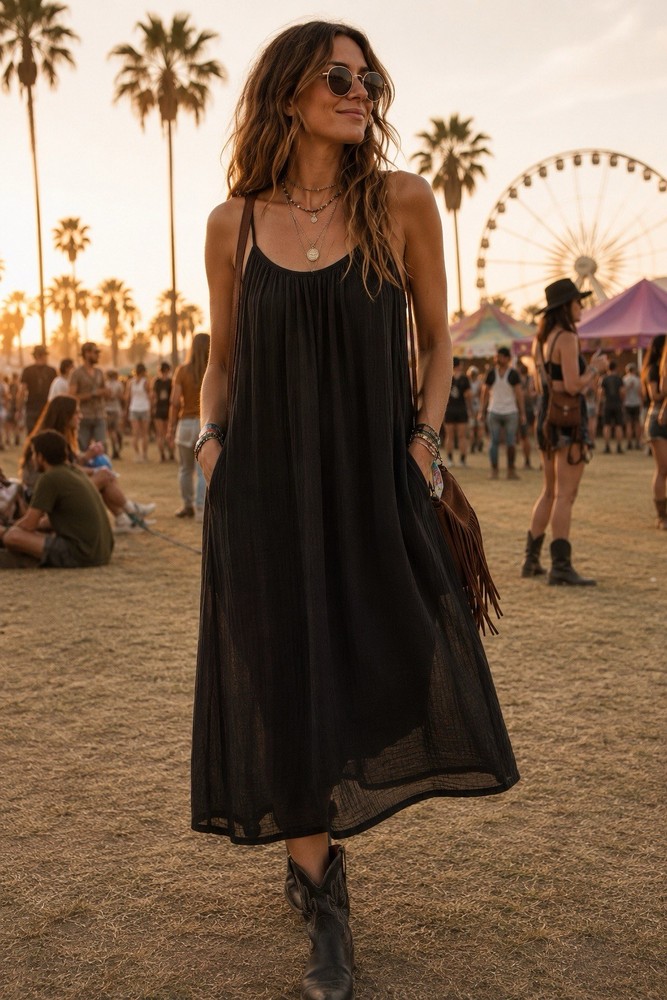 NWT Sol Angeles Black Cotton Gauze Festival Midi Sundress Coastal Boho Amalfi XL