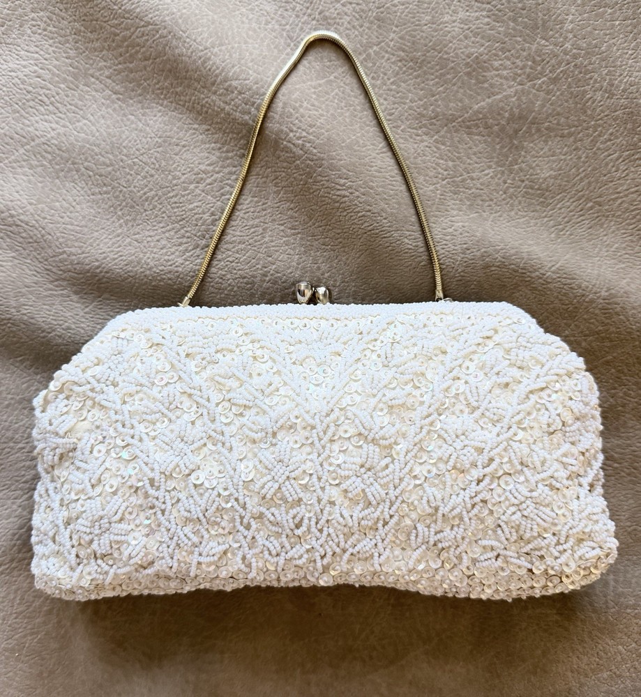 Vintage 50s Ivory Beaded Kiss Lock Evening Bag Medium