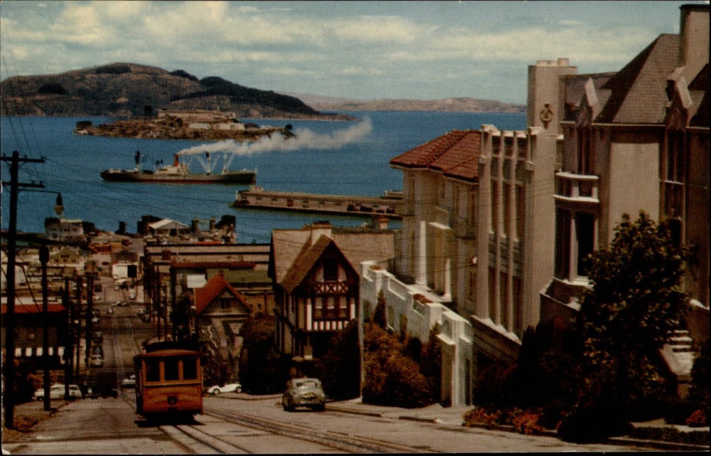 San Francisco California Hyde Street Cable Car Alcatraz Island ~ unused postcard