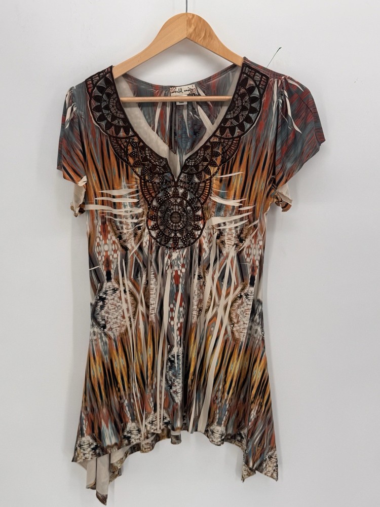 Unity World Wear Top, Brown Print, Lace Insert, Plus Size S Boho Chic Fairy
