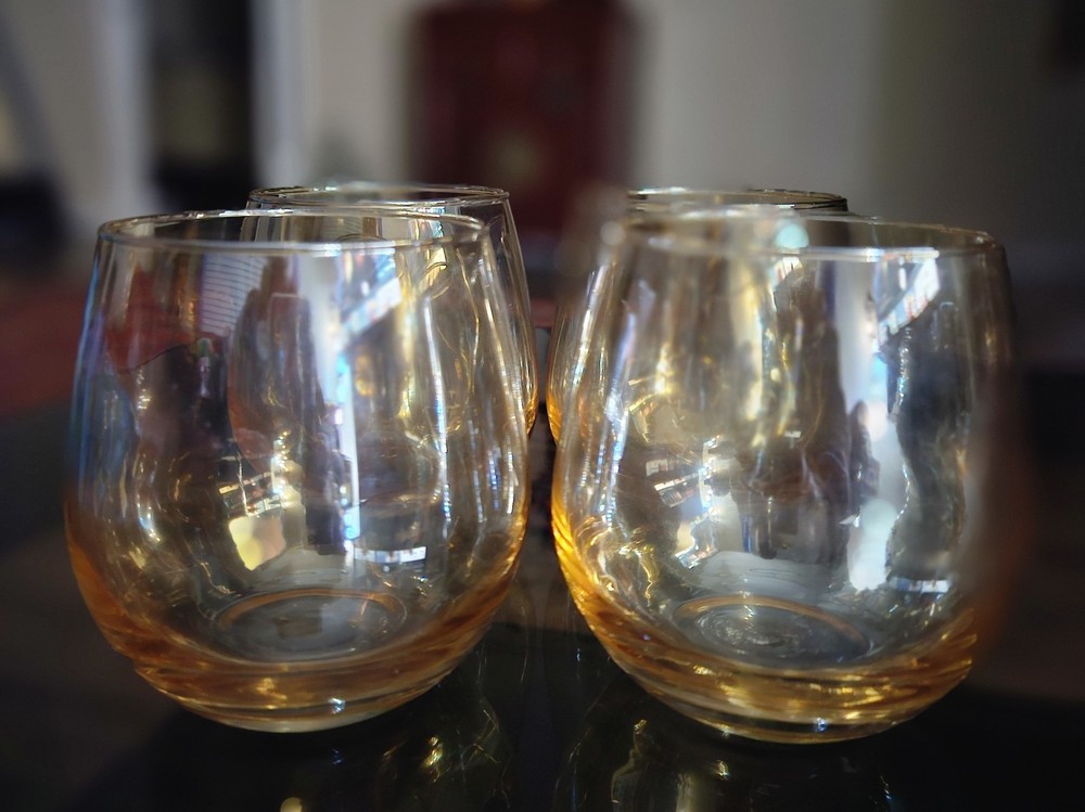 Hand Blown Stemless Wine Glasses Iridescent Amber Color Set Of (4)