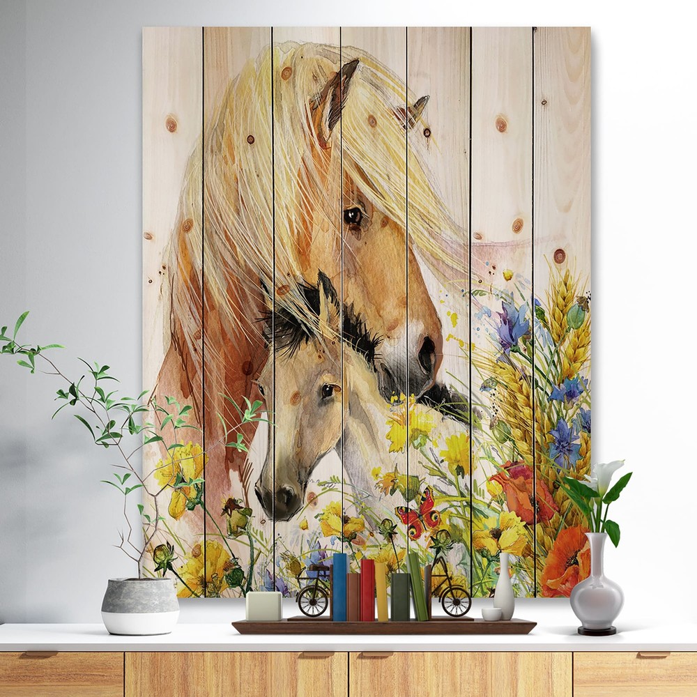 Designart 'Horse And Foal With Meadow' Traditional Wood Wall