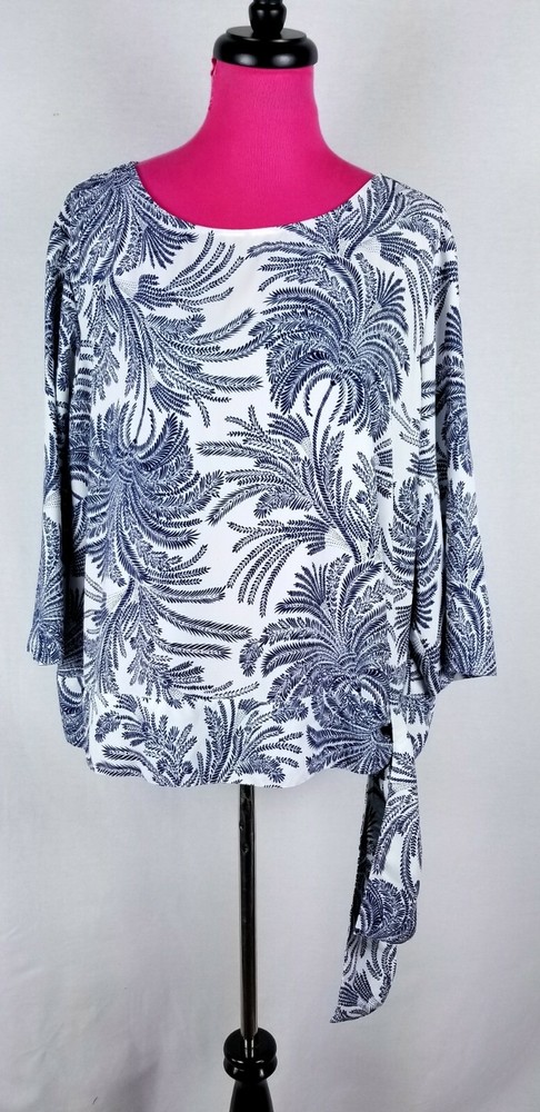 Talbot Plus Size Womens Blouse Blue White Floral Side Tie 3/4 Sleeve P22