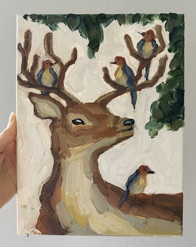 Original Deer and Birds Impressionist Oil Painting Nature Animal Art Canvas