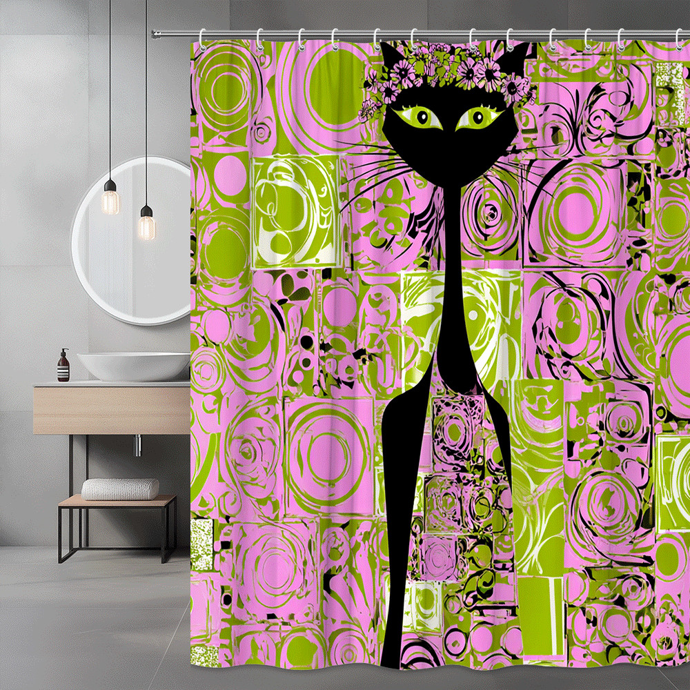 Black Cat Floral Patchwork Shower Curtain Pink Green