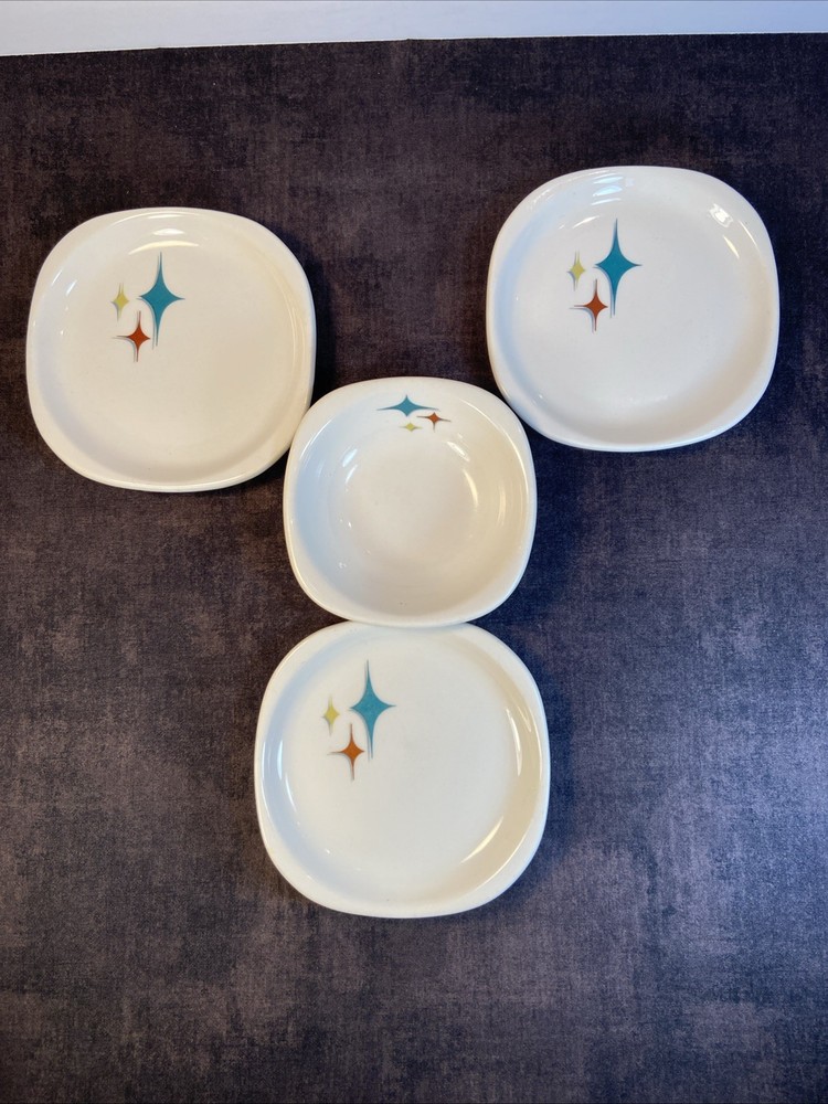 Syracuse Atomic Jubilee MCM Starburst-1-4 1/4”=Bowl-3-5”=Plates.  VTG, Set Of 4.