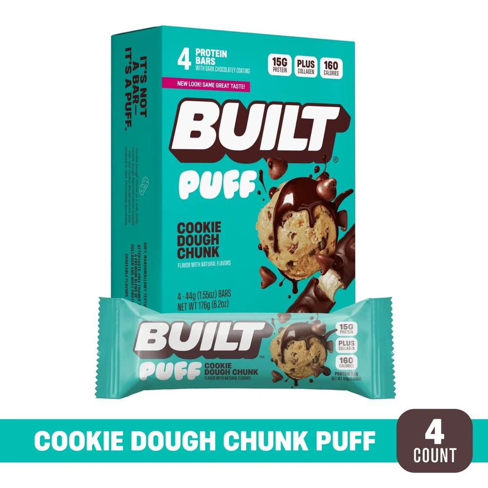 BUILT Bar Protein Bar in Cookie Dough Chunk Puff with 15g Protein and Collagen 4 Pack