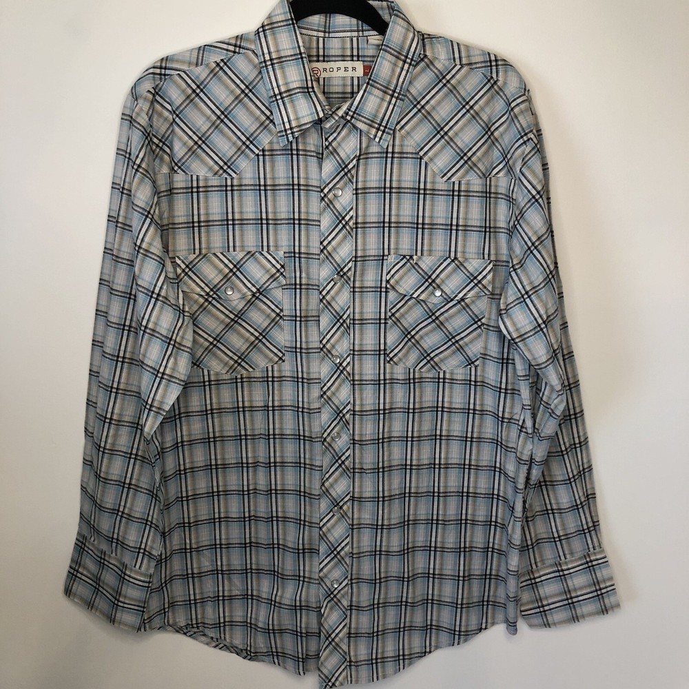 Roper Pearl Snap Plaid Shirt Men's Large L Long Sleeve Button Blue Black
