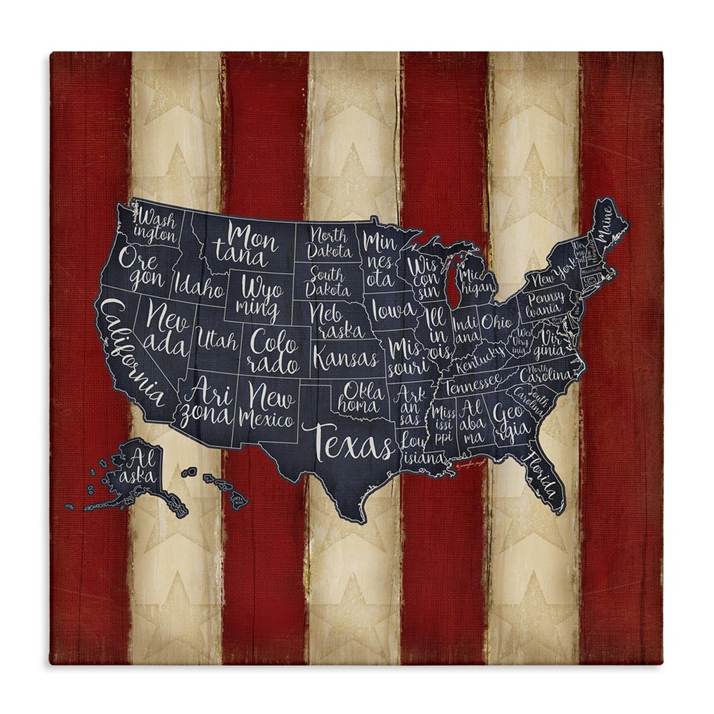 United States Map Red White Blue Stretched Canvas Wall Art, Proudly Made in USA