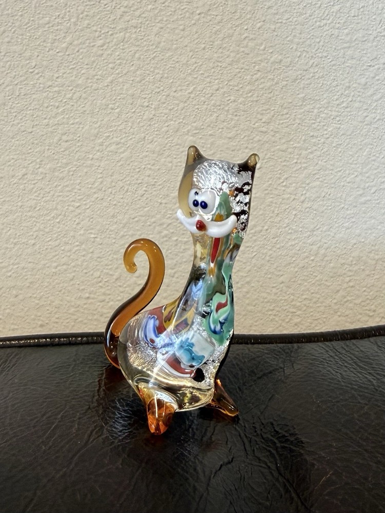 Murano Glass Cat Figurine, Millefiori, Made in Italy Pre Owned