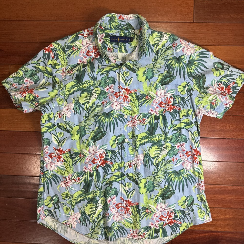 Polo Ralph Lauren Hawaiian Shirt Mens L Blue Button Up Short Sleeve Tropical