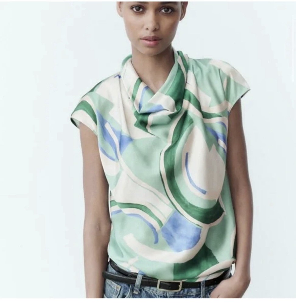 Zara Satin Effect Printed Drape Neck Top Green Blue Abstract Blouse Size M
