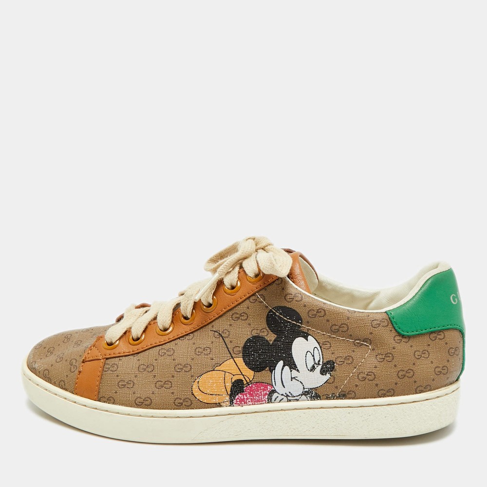 Gucci X Disney Ace Size 37 Brown Coated Canvas and Leather Lace Up Sneakers