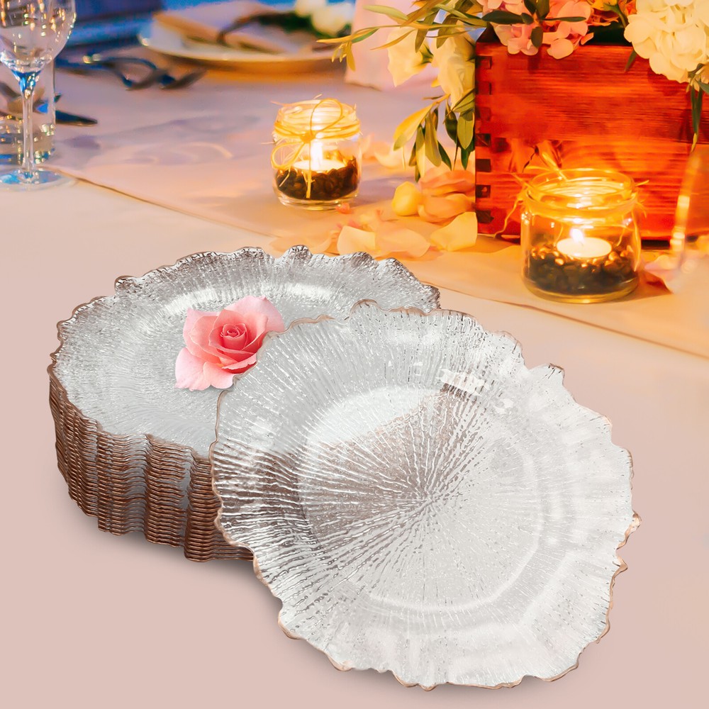 25* PP Clear Charger Plates Round Plate Dinnerware With Gold Elegant Beaded USA