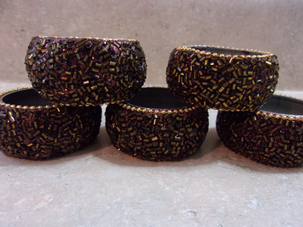 Set of 5 Pier 1 Beaded Tealight Candle Holders Gold Brown