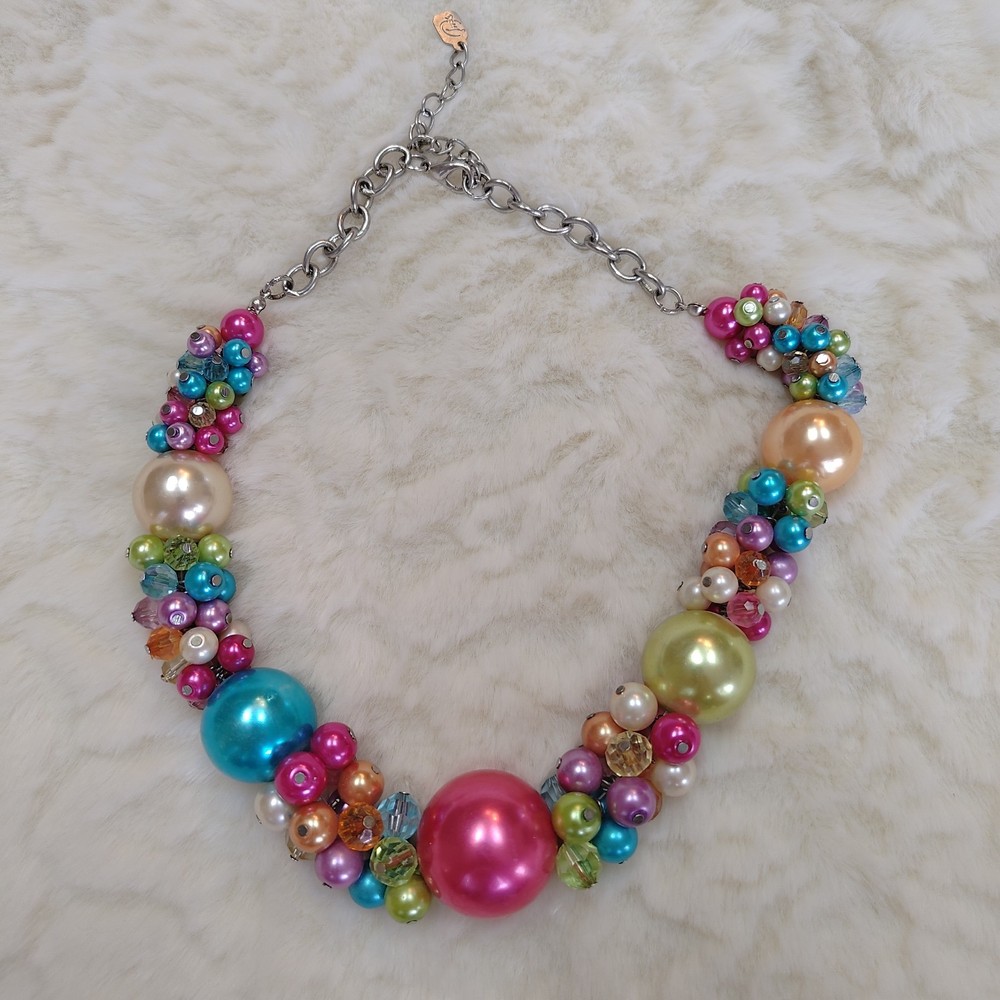 Vintage Choker Necklace Multicolor Multi Cluster Beads on Silvertone Metal