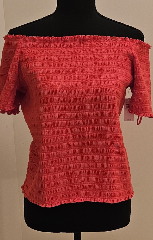 Gap Smocked Off-Shoulder Short Sleeves Top Woman's Tomato Red Size X-Large..