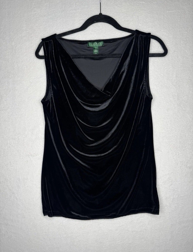 Lauren Ralph Lauren Velvet Top Large Black Sleeveless Draped Cowl Neck