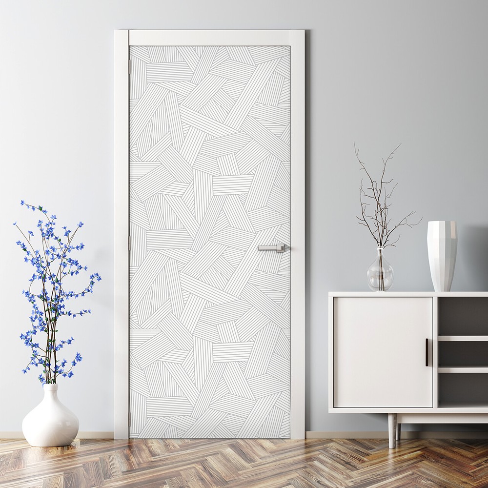 Abstract grey and white Scandinavian geometric door decal with line ornament pattern-image