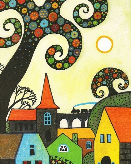 8x10 print of painting ABSTRACT FOLK HOUSES RYTA PRIMITIVE RUSTIC art flowers 🌺