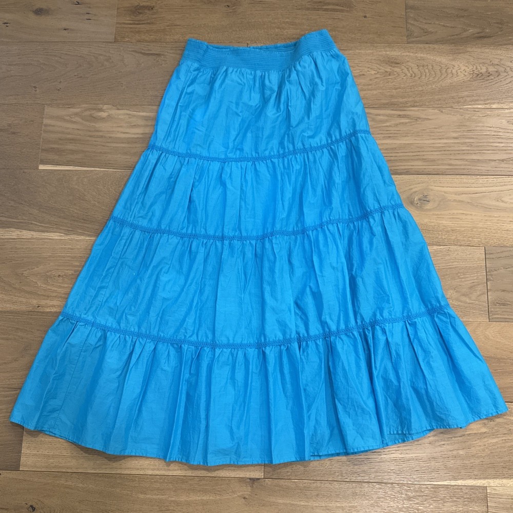 Chicos Turquoise Maxi Skirt Tiered Cotton Lined Elastic Waist Boho Sz M