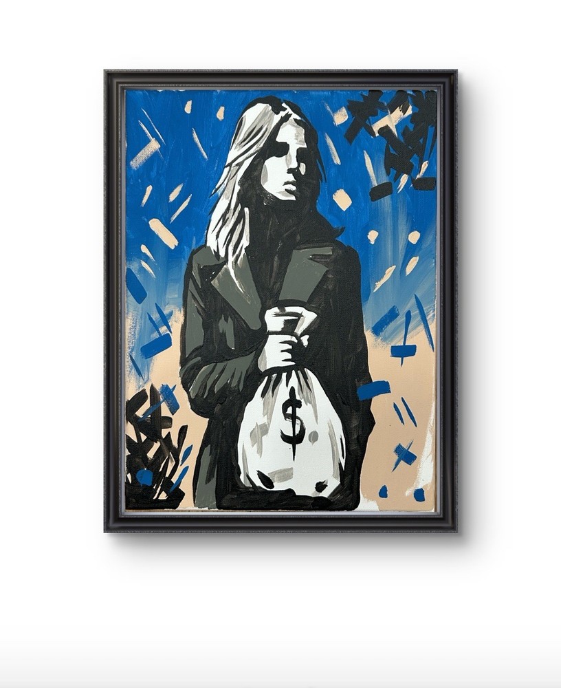 Original Abstract Woman Money Bag Painting 14x11 Canvas Modern Wall Art Home Dec