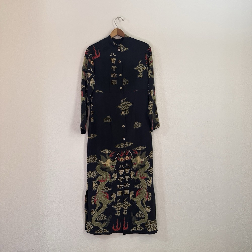 Citron Santa Monica 100% Silk Dragon Midi Shirt Dress XS Asian Mandarin NWOT