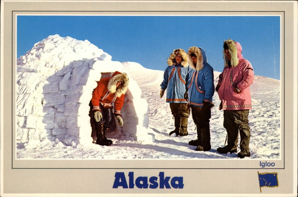 Alaska Eskimos igloo snow winter coats ~ unused postcard sku627