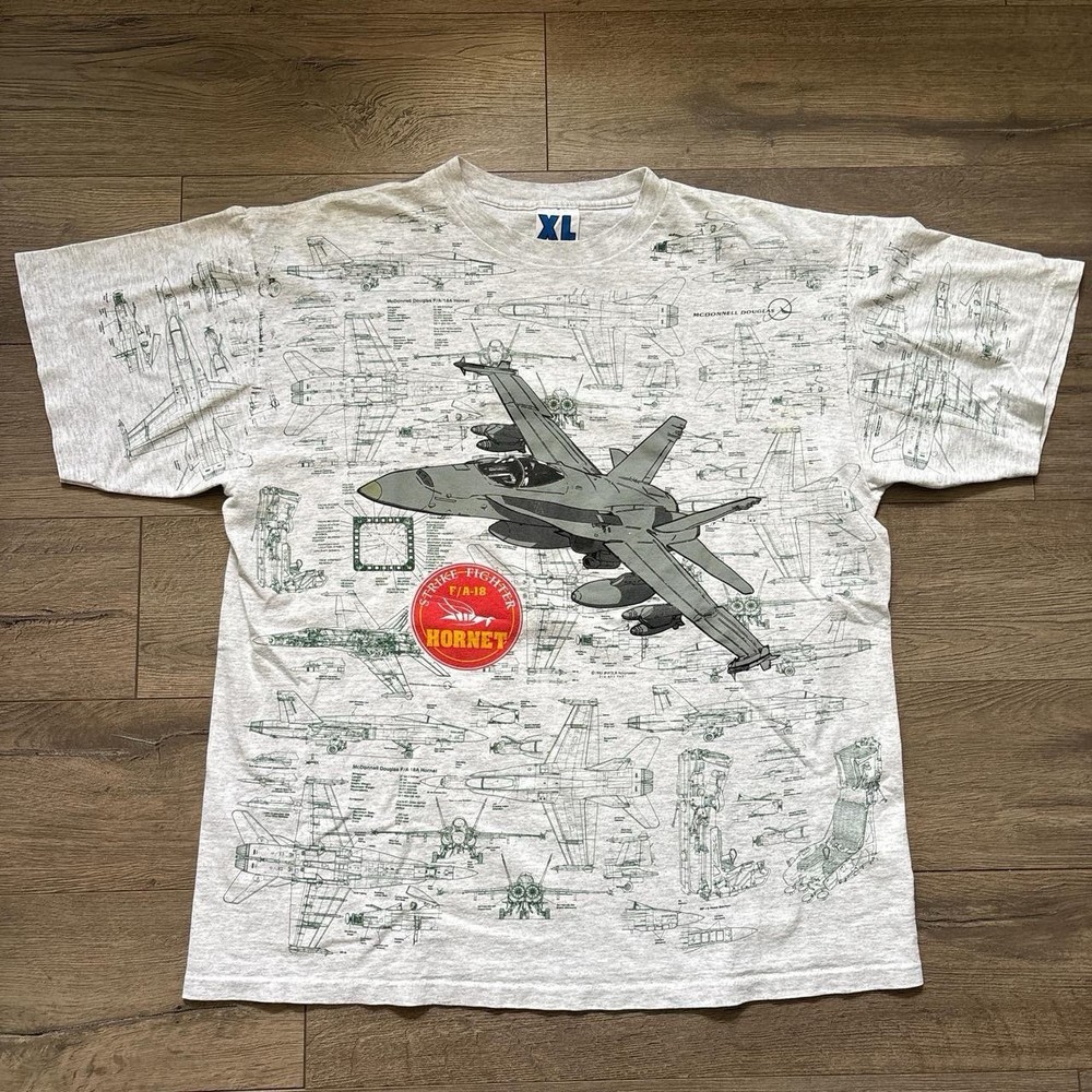 Men’s Grey Single Stitch 90s Strike Fighter Hornet F/A-18 AOP Tshirt Size XL