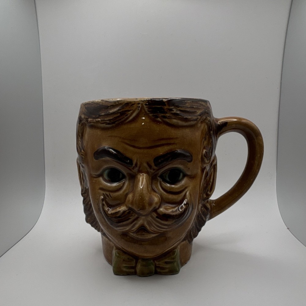 Brown Figural Face Ceramic Mug with Handle, Humor Theme, Porcelain Collectible