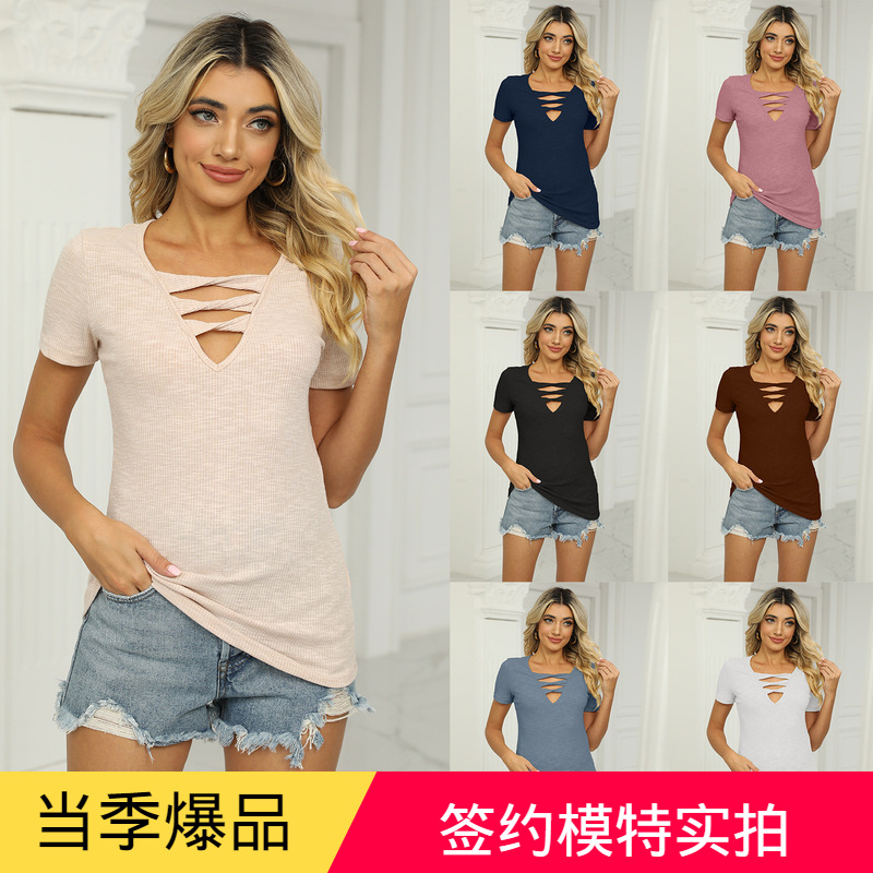 Slim Fit V-Neck Short Sleeve Casual Strap Pullover Top for Women
