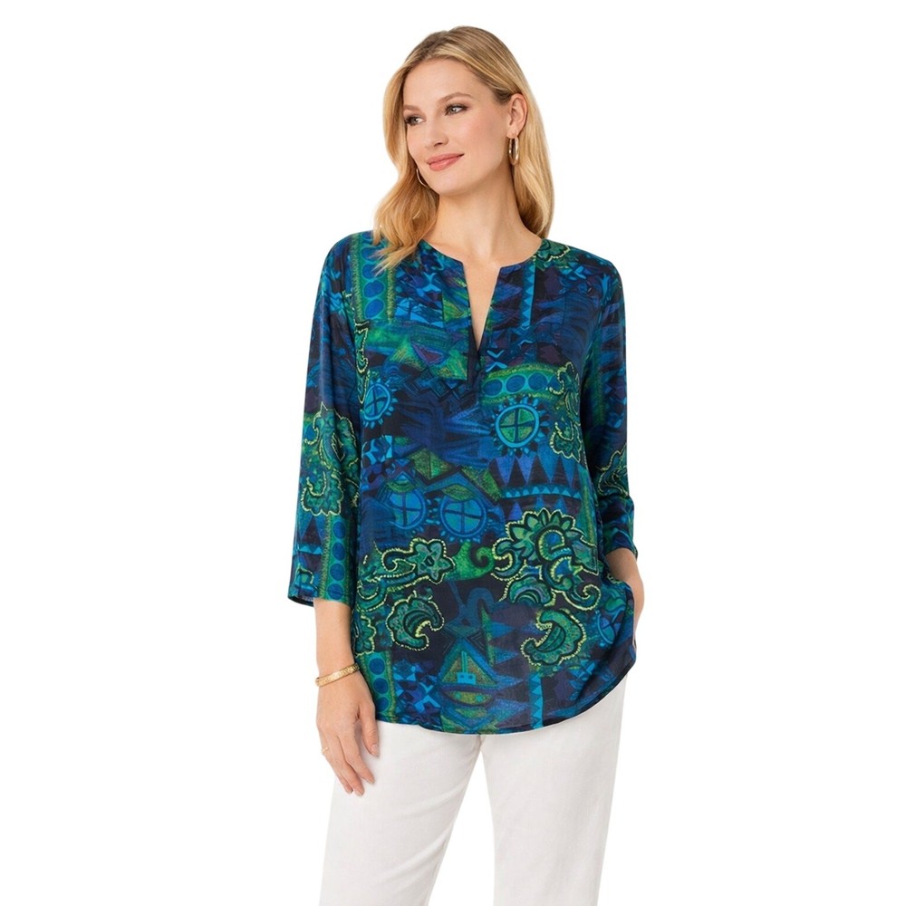 Chicos Womens Size 3 Silk Blouse Blue Green Boho Tunic Top 3/4 Sleeve Plus XL
