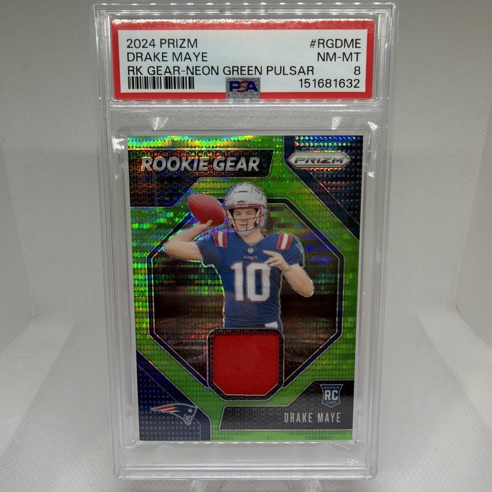 2024 Panini Prizm Drake Maye RC Rookie Gear Neon Green Pulsar Patch PSA 8