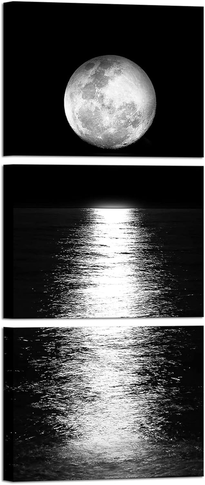 Full Moon Phase Canvas Wall Art Vertical Black and White Picture Moon on Sea Pri