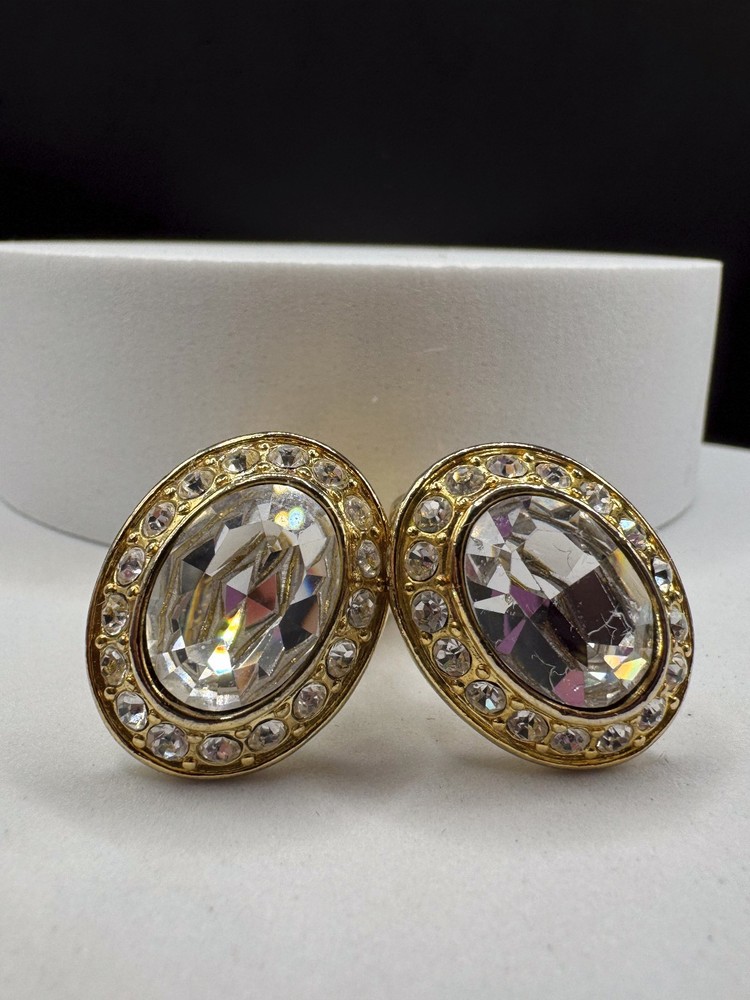 Vintage Gold Tone Oval Crystal Statement Clip On Earrings Huge Rhinestone Halo