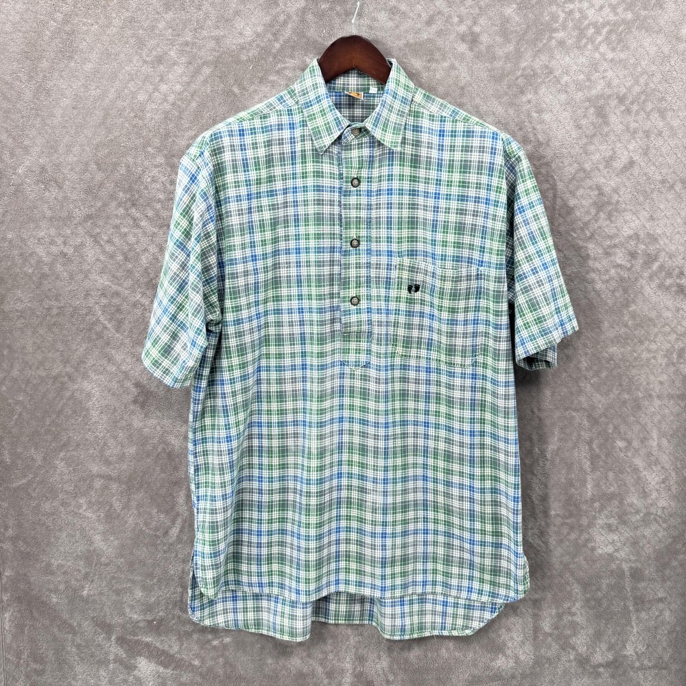 Hang Ten Shirt Mens Large Green Blue Plaid Short Sleeve Button Placket Casual