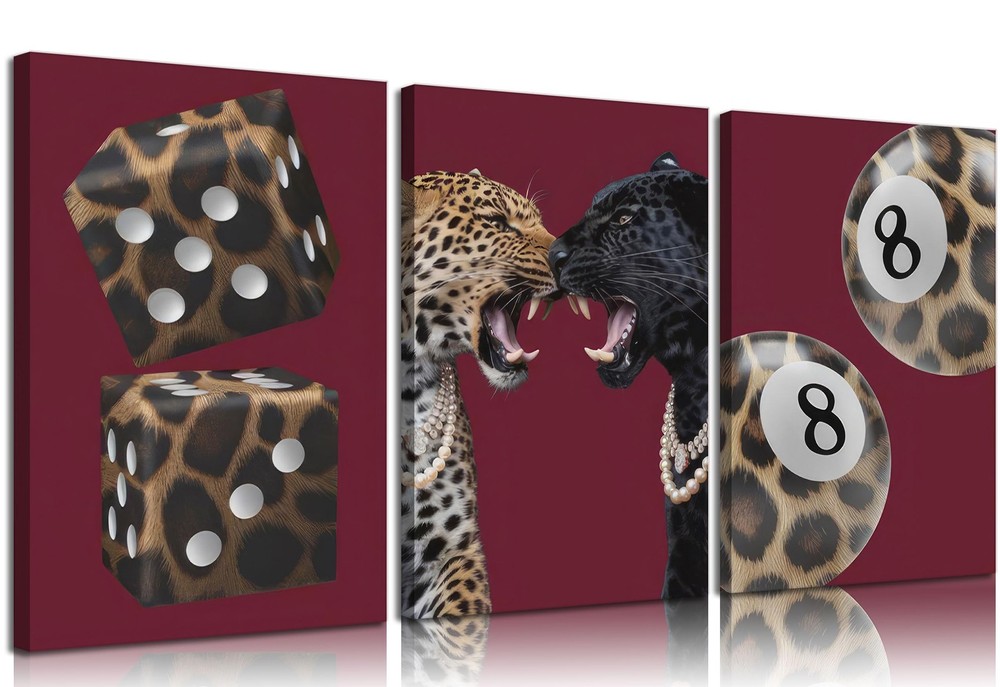 3pcs Trendy Leopard Canvas Wall Art Funky Lucky 8 Ball Pictures Wall Decor Ec...