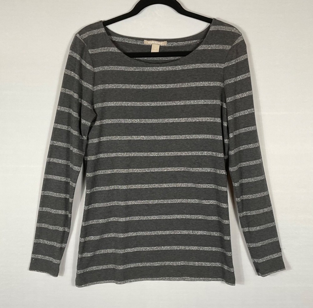 Banana Republic Top Womens Size Large Gray Metallic Striped Stretch Long Sleeves