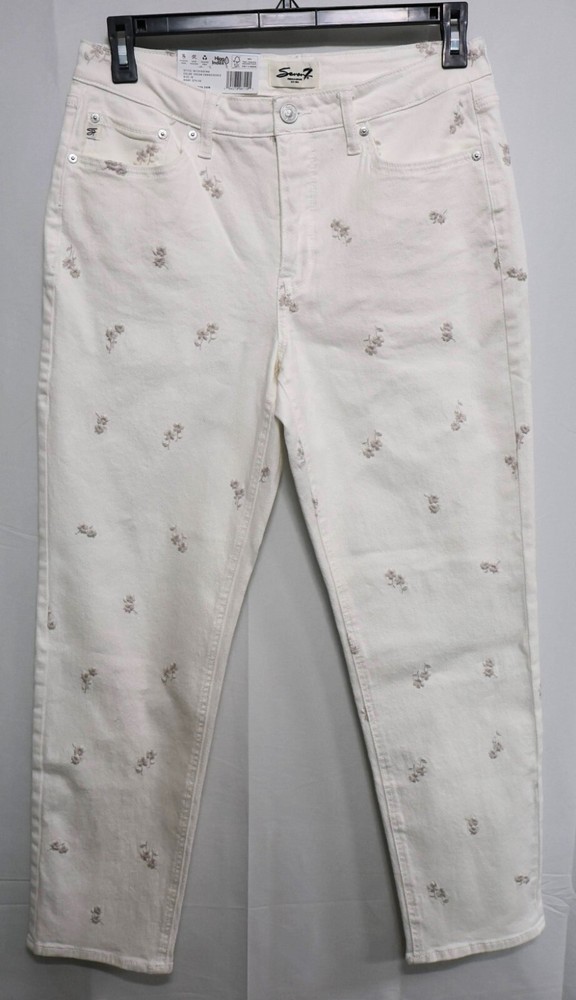 Seven7 90's Women's Straight Jeans, Cream Embroidered, Size 10 (MY10158EMB)