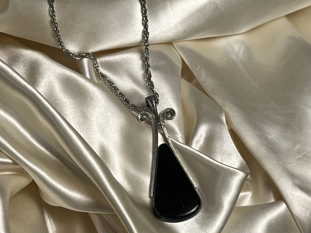 Vintage Avon Statement Pendant Necklace | Large Black Drop & Silver Swirl | 1970