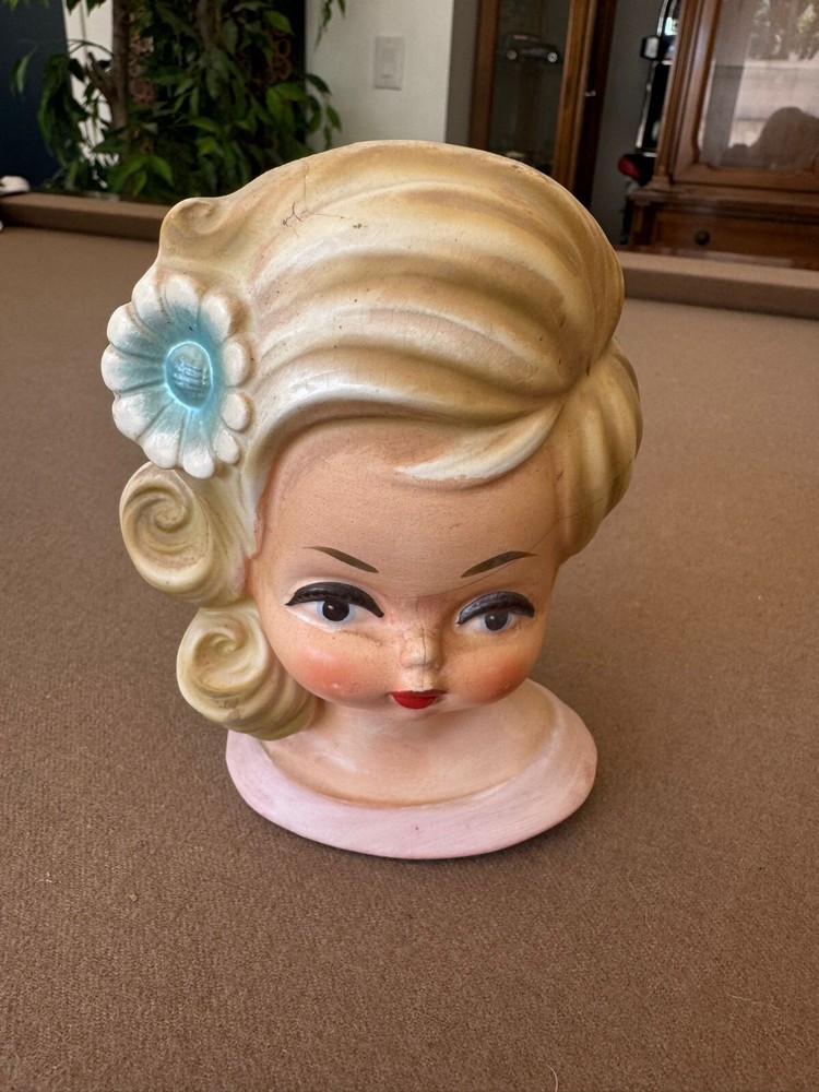 Vintage 5.5 Young Girl Teen Lady Head Vase Inarco E-3157 Japan Pink Dress Blond