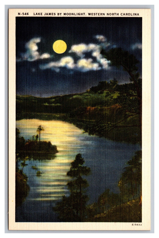 Nebo NC Lake James by Moonlight Night View Western North Carolina Linen Postcard