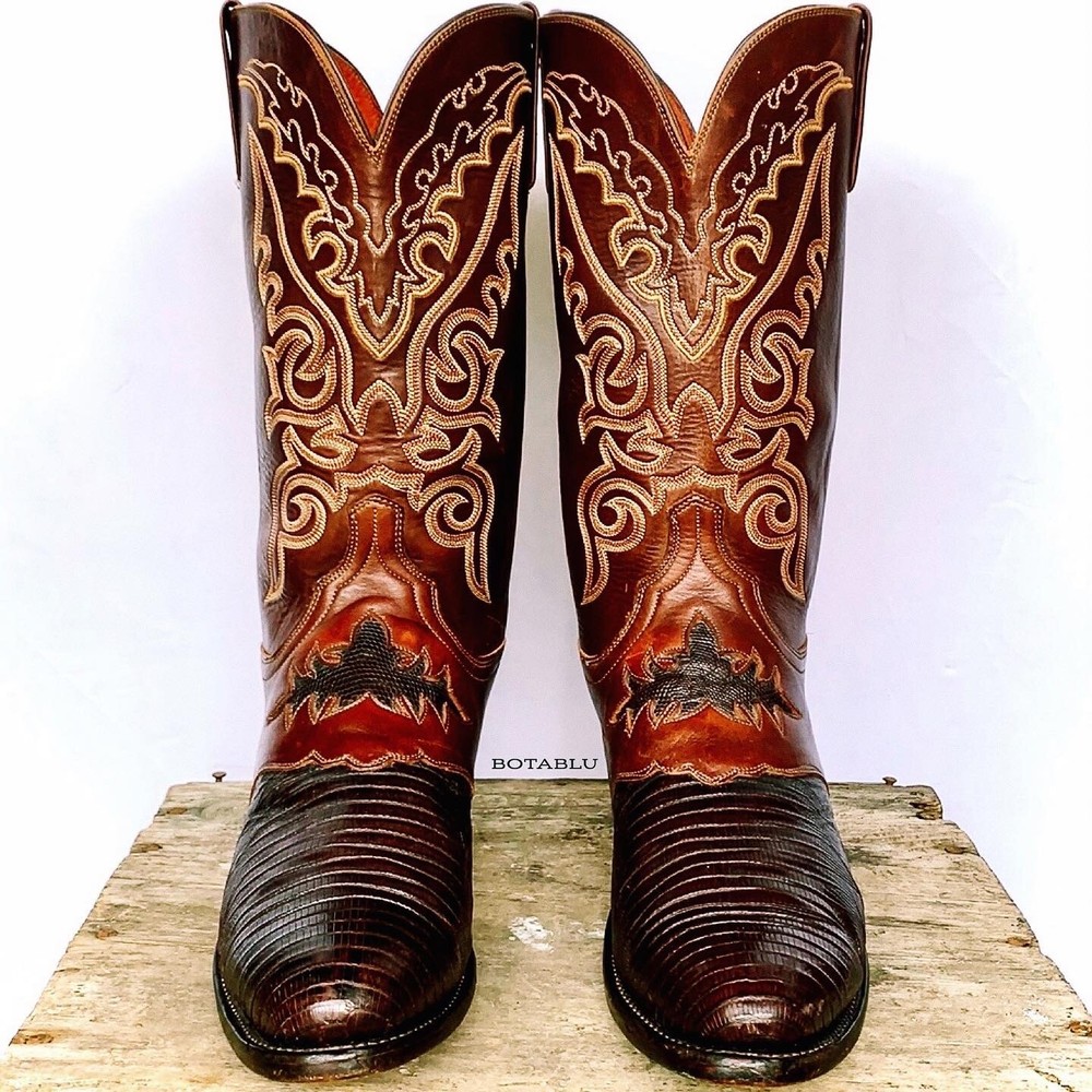 Lucchese Handmade Men's Brown Lizard & Goat Leather Western Boots Size 12