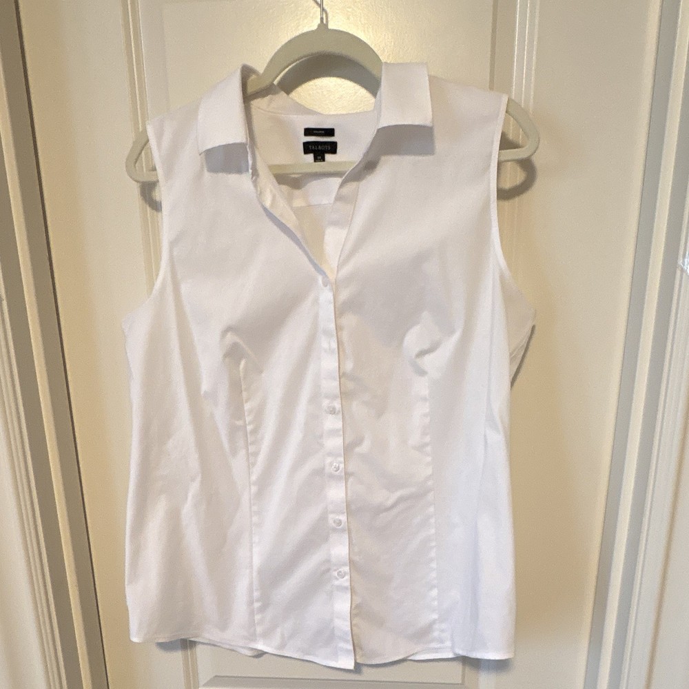 Talbots Non-Iron Solid Woven Sleeveless Collared Button-Up Blouse White 14