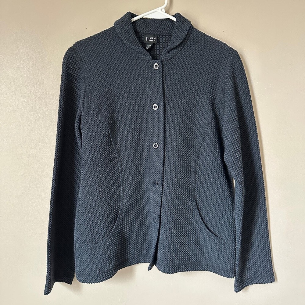 Eileen Fisher Jacket Womens SMALL Waffle Knit Button Front Career Workwear Black