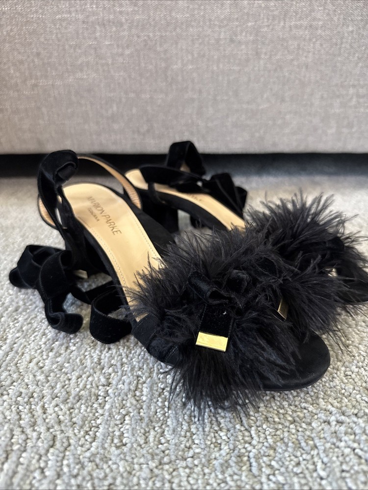 $595 MARION PARKE Bow and Feather Black Block Heeled Sandal, Size 37