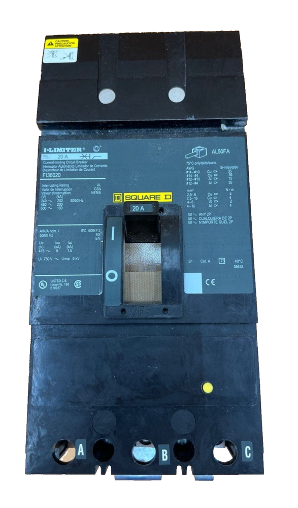 Sq D FI36020 I-Line Circuit Breaker 20A 3P 600V I-Limiter 20 Amp 3 Pole Used