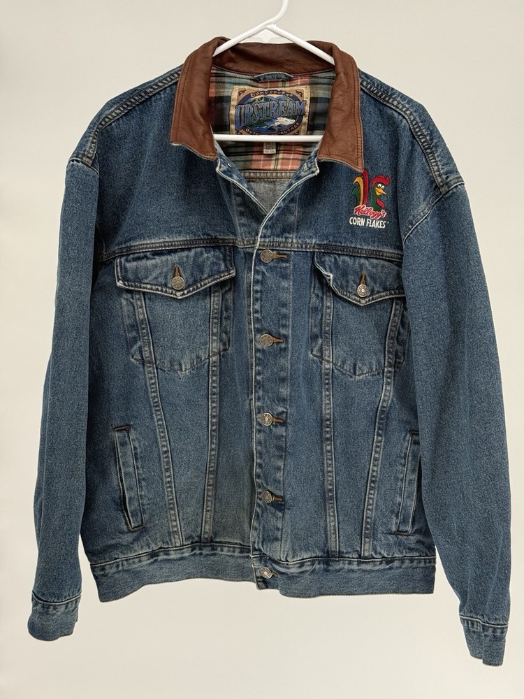 VTG Kellogg’s Corn Flakes Denim Jacket Mens XL Dunbrooke Upstream Leather Collar
