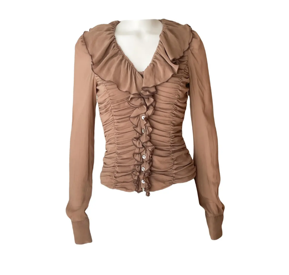 Roberto Cavalli Vintage Silk Blouse XS – Brown Draped Ruffle Top